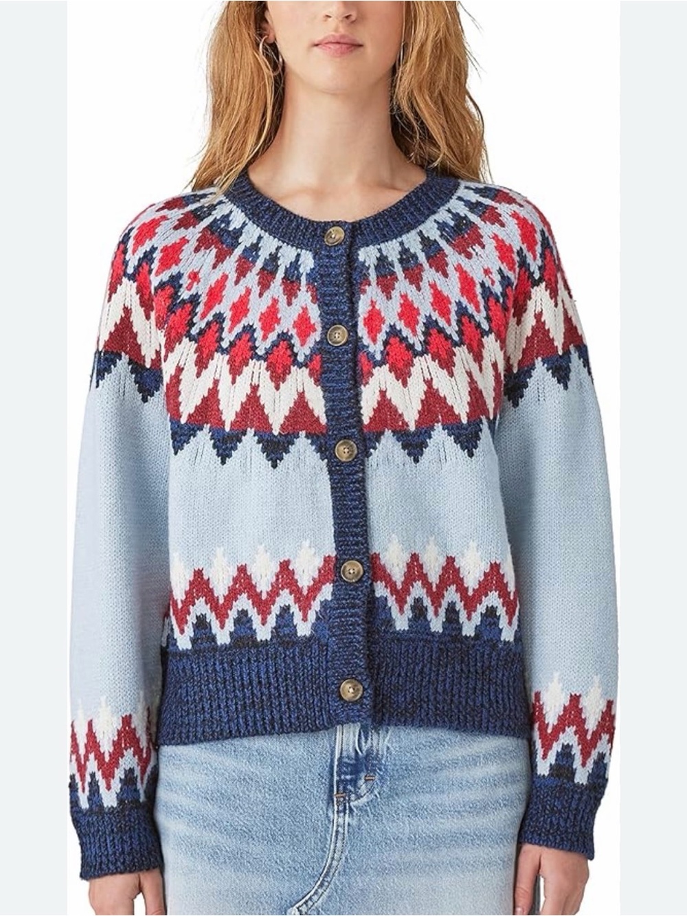 Lucky Brand Fair Isle Knit Button Front Cardigan Sweater Large - Picture 2 of 16